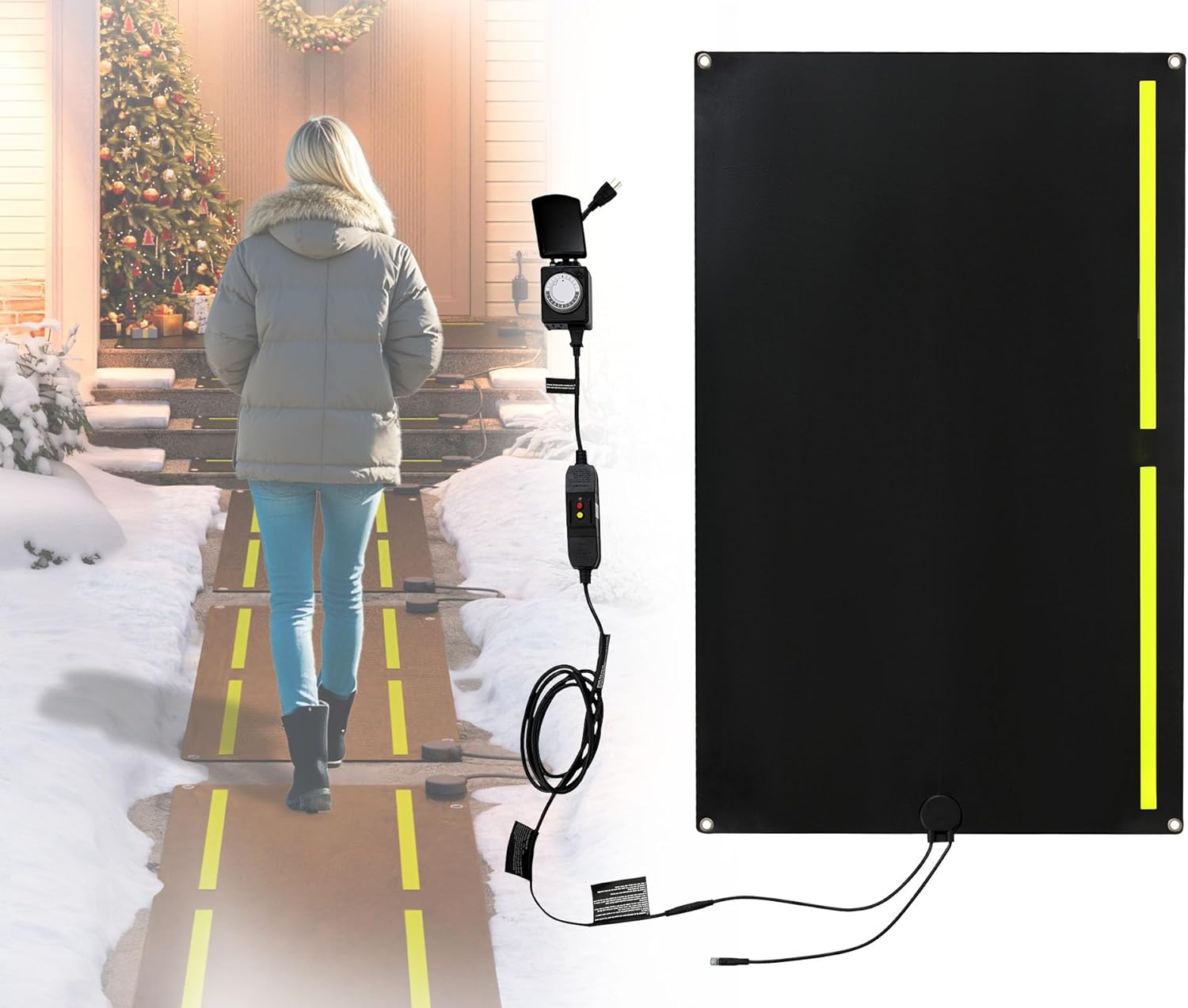 Installing Heated Snow Mat Happy Tao Graphene Walkway on a concrete walkway with fresh snow