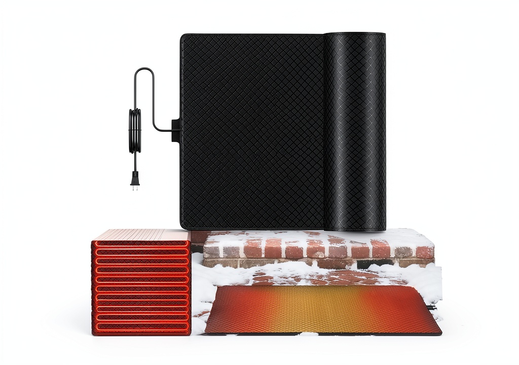 Pawfly heated snow melting mat installed on a snowy doorstep
