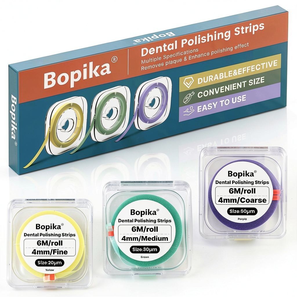 Installing Dental Sanding Strips by bopika Coarse Medium Fine Rolls on a wooden desk